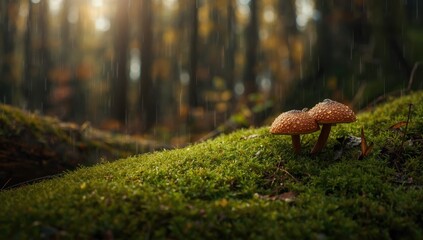 Obraz premium Cluster of mushrooms on damp ground, highlighting organic growth in rainy weather