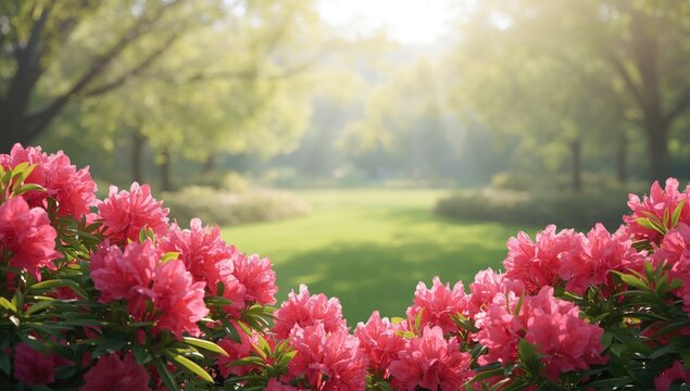 Bright green foliage and blooming pink azaleas in a spring garden setting, ideal for nature-themed layouts