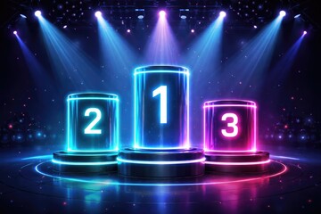 State of the art podium with neon glowing numeric cylinders illuminated by a stage spotlight