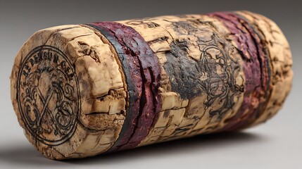 Close up of a wine cork with intricate embossed designs and purple bands