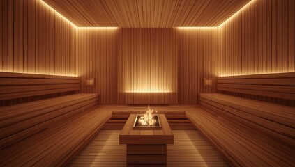 Fototapeta premium Contemporary sauna featuring wooden paneling and LED illumination, designed for relaxation areas