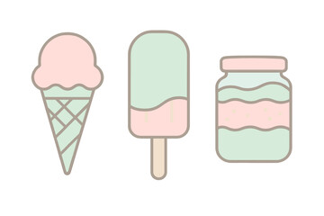 Various frozen desserts including ice cream cone, popsicle, and jar of sauce on a white background