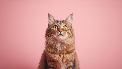 Obraz premium Feline with yellow eyes gazing with wonder against pink backdrop, highlighting animal alertness