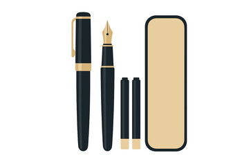 Obraz premium Elegant black fountain pen with accessories in a simple layout on white background for writing enthusiasts
