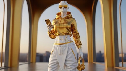 Futuristic Cyborg Woman in Golden Hoodie Holding Smartphone, Kintsugi Marble Skin, Luxury Cyberpunk Style 3D Render