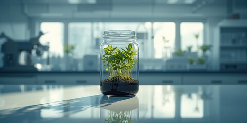 Miniature plants in transparent containers for genetic modification studies, laboratory setting, scientific progress, Earth Day