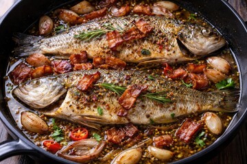 Juicy sea bass with rosemary chili bacon and shallot onion garnish in olive and linseed oil bath