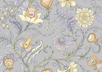 Botanical floral seamless ornament. Vintage hand drawn pattern with ornate garden flowers, leaves and intricate decorative swirls for textile wallpaper. Classic elegant motif design.