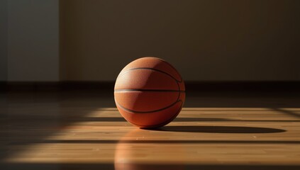 Obraz premium Indoor basketball ball on the court floor with sunlight highlighting its textured surface, used for team play