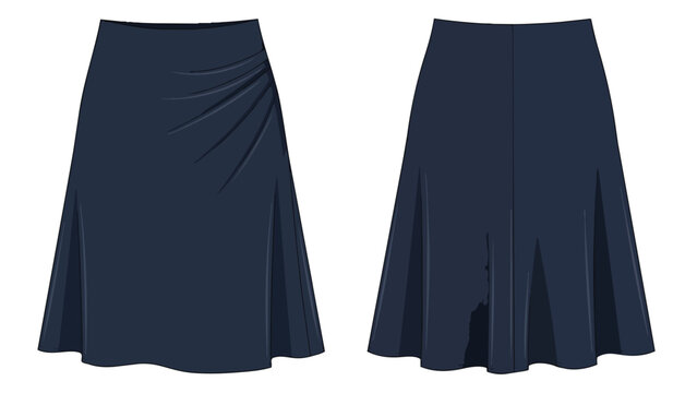 Elegant navy blue skirt with asymmetrical draping on the front and a sleek, flared silhouette shown from front and back