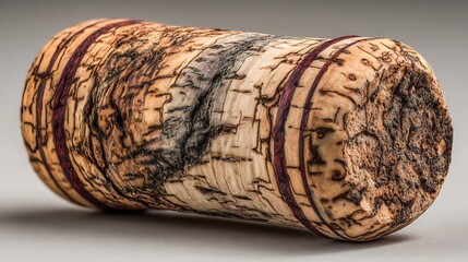 Detailed close up of a wine cork with natural texture and markings