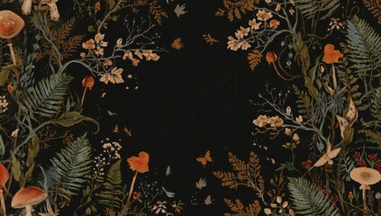 Woodland-inspired vintage seamless pattern with fern, Amanita mushroom, and plants for natural decor, Earth Day