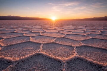 Fototapeta premium Salt flat landscape with hexagonal floor patterns bathed in sunrise glow and clear atmospheric conditions copy space