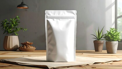 White coffee bag stands upright on wooden table with plants in room with natural light