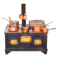 Vintage isolated doll house cooking stove with copper pans