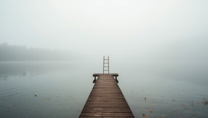 Fototapeta premium Overcast morning at Lake Leman featuring a ladder and springboard, highlighting weather and water surface