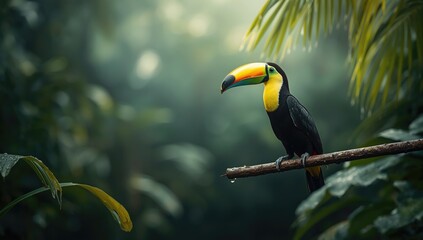Obraz premium Keel-billed Toucan resting on a tree branch within dense jungle environment, nature exploration