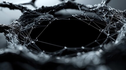 A close-up view of an abstract, organic structure. Delicate strands connect glowing nodes, framing a black, central void