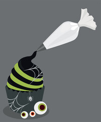  Illustration with Boo Cupcake at Web,Spider Decoration and Piping Bag