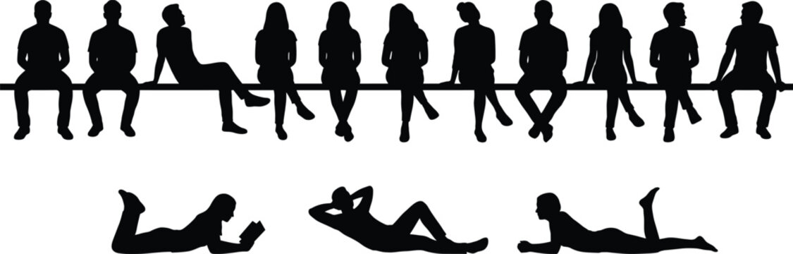 Silhouettes of people seated on a beam and reclining on ground in varied poses, illustrating posture, relaxation, and social interaction on white background