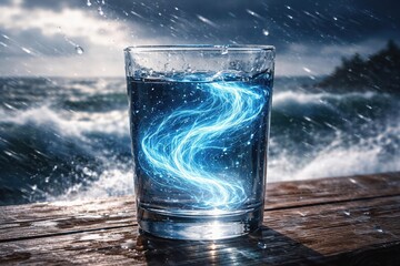 Electric blue wave patterns swirling inside a glass of water on a windy day