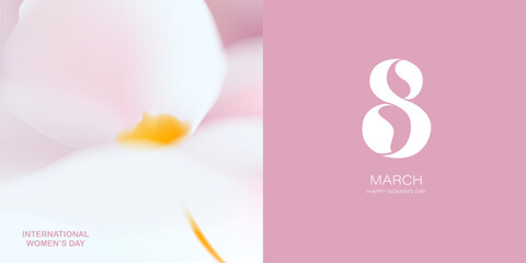 Spring floral cards set. Blurred gradient ethereal white flower. 8 March greeting card. Square natural landscape. Number 8 design.