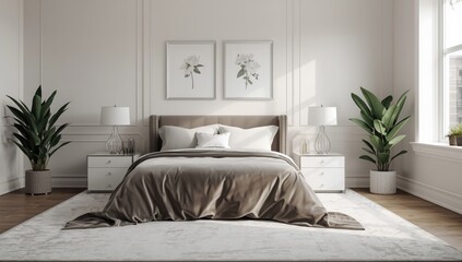 Contemporary bedroom featuring a double bed, white bedside tables with lamps, soft carpet, and velvet bedding, suitable for restful living