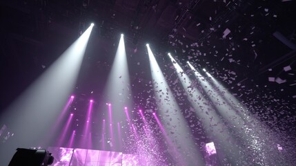 Bright spotlights illuminate a dark venue during a celebratory event with falling confetti.