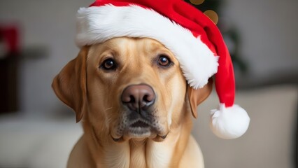 Dog Wearing Santa Hat Christmas Portrait.