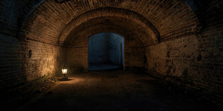 Underground cellar featuring brick walls and vaulted ceiling highlights structural decay