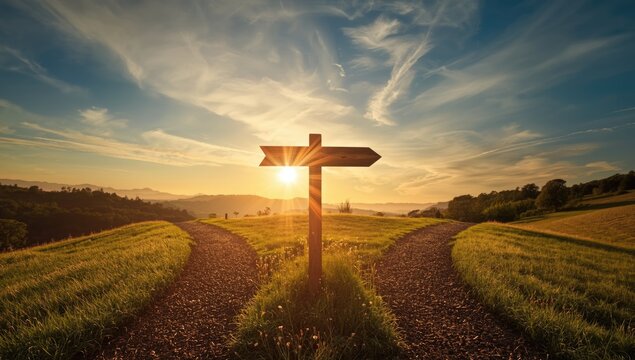 Sunset over a rural landscape at a hilltop crossroads with two paths, highlighting choice and direction, World Environment Day