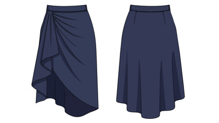 Elegant deep blue skirt designs featuring asymmetric draping and flared silhouettes for fashion illustration