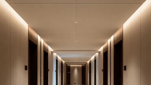 Shot capturing seamless monolithic ceiling panels in a trendy hotel hallway illustrating flawless installation and subtle architectural elegance.
