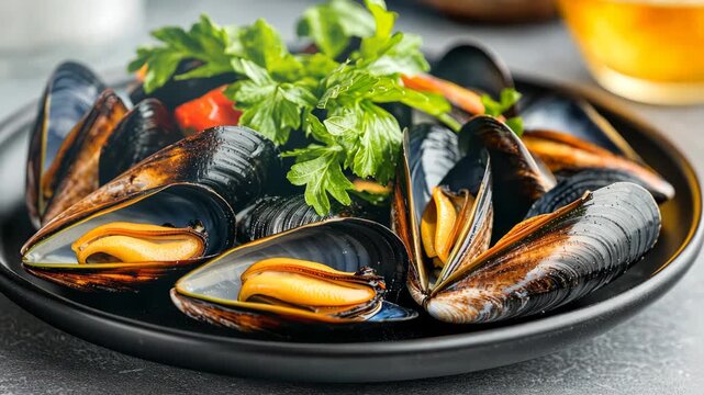 Freshly steamed mussels with parsley garnish and lemon on a rustic plate