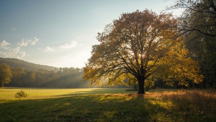 Fototapeta premium Autumn landscape with trees and grass at Virginia Water, highlighting seasonal foliage and natural scenery