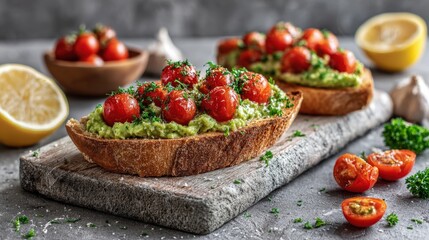 Generous slices of artisan bread topped with mashed avocado and bright red cherry tomatoes rest on a stone board