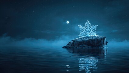 Fototapeta premium Illuminated snowflake island during nighttime, its unique shape and glow