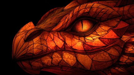 Intricately patterned illuminated mythical creature head shines against deep darkness