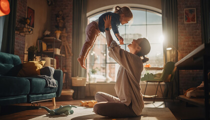 Loving Mother and Daughter having Family Time, Playful Moment in Bright Modern Home Interior