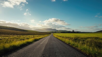 Naklejka premium Sunlit rural street on Harris and Lewis island in summer, highlighting lush greenery and open landscape, World Environment Day