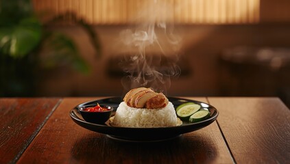 Poached chicken and seasoned rice accompanied by chili sauce and cucumber, focusing on food preparation techniques