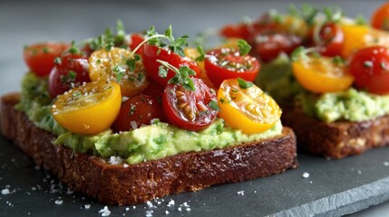 Slices of toasted bread generously topped with mashed avocado and colorful halved cherry tomatoes