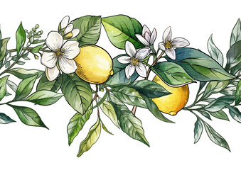 Lemons and tea botanical seamless pattern. Hand-drawn citrus fruit, tea leaves, flowers, and branches in vintage style. Natural, organic motif for textile, wallpaper, food, drink, kitchen projects.