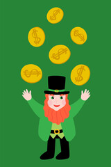 Vector illustration for St. Patricks Day with an elf pumping gold coins