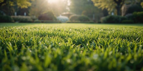 Sunlit dewy grass, suitable for outdoor scene or spring season backdrop
