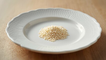 White sesame seeds on a white plate, highlighting the texture for recipe presentation