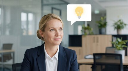 Blonde businesswoman with virtual light bulb speech bubble above head, symbolizing new idea, creativity, innovation, inspiration and problem solving.