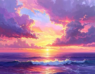 Vibrant sunset over ocean waves with dramatic purple and pink clouds.
