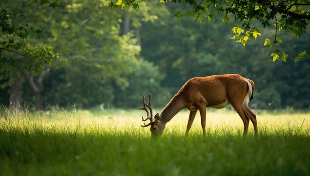 Wildlife scene with a deer foraging in vibrant grass, highlighting natural environment