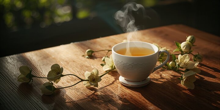 A cup of jasmine tea with blooming jasmine flowers on a wooden surface, emphasizing relaxation and natural ingredients - Powered by Adobe